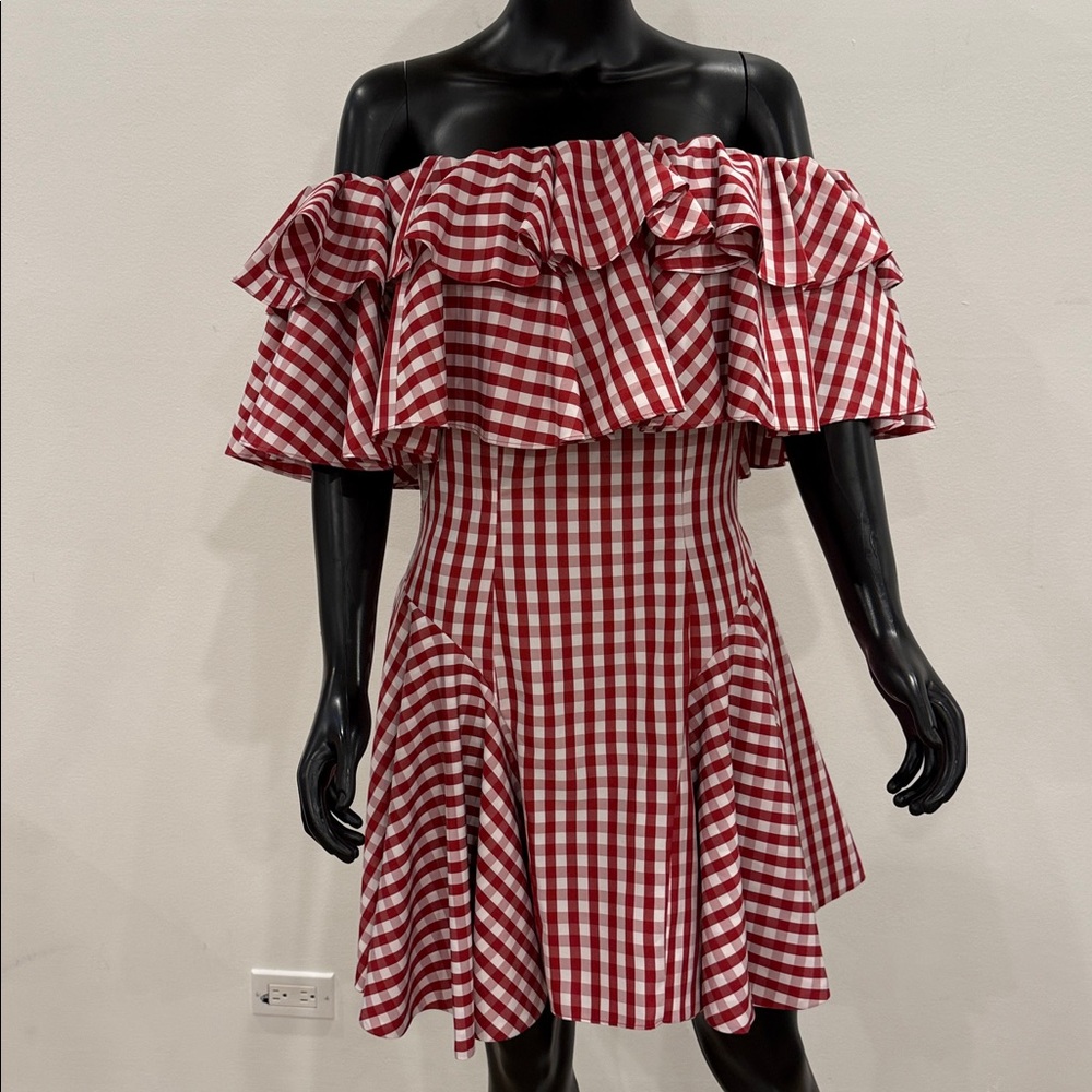 HOUSE OF HOLLAND Plaid Gingham Off Shoulder Ruffle Mini Dress US 6